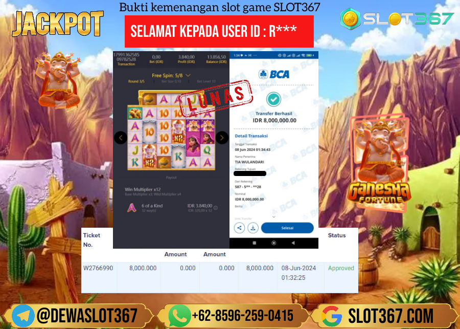 SLOT367 JACKPOT SLOT GANESHA FORTUNE Rp.8.000.000.,- LUNAS