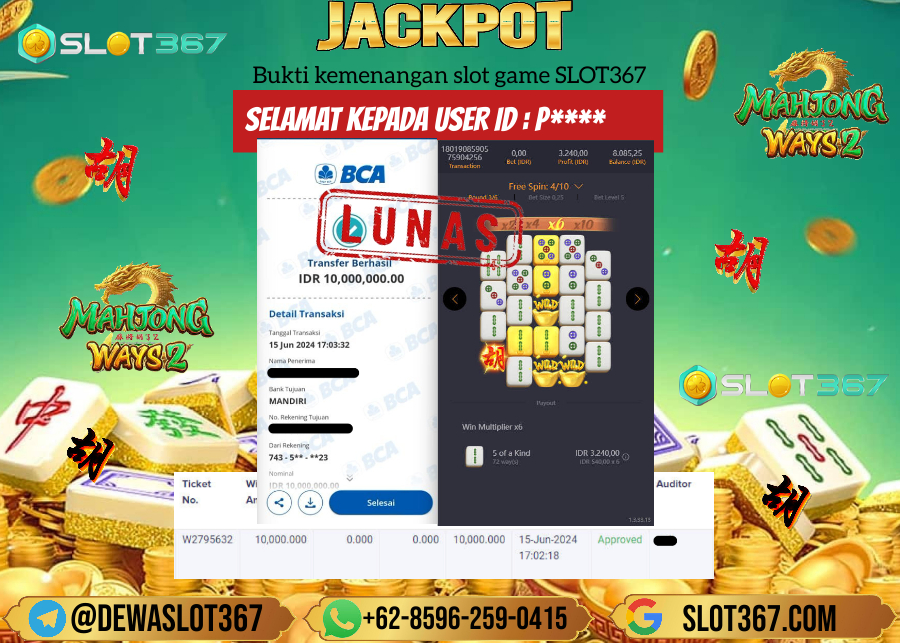 SLOT367 JACKPOT SLOT MAHYONG WAYS 2 Rp.10.000.000.,- LUNAS