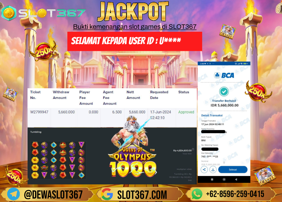 SLOT367 JACKPOT SLOT GATES OF OLYMPUS Rp.5.660.000.,- LUNASSS