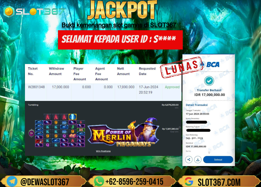 SLOT367 JACKPOT SLOT POWER OF MERLIN MEGAWAYS Rp.17.000.000.,- LUNASSS