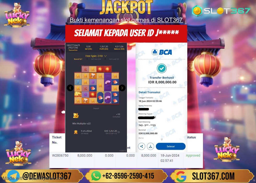 SLOT367 JACKPOT SLOT LUCKY NEKO Rp.8.000.000.,- LUNAS