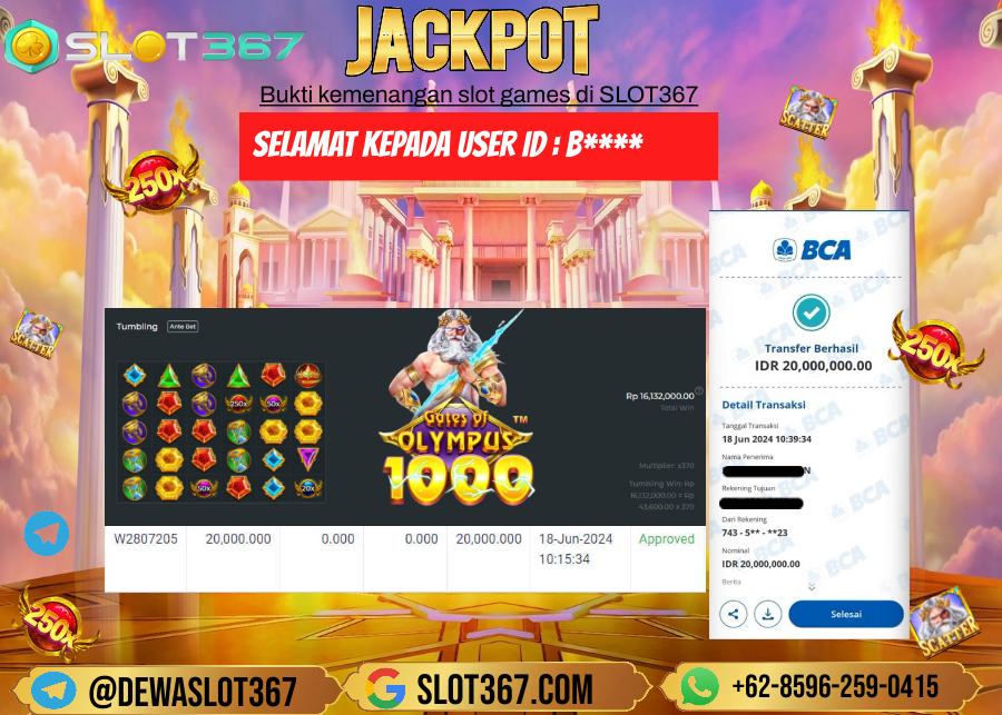 SLOT367 JACKPOT SLOT GATES OF OLYMPUS Rp.20.000.000.,- LUNASSSS