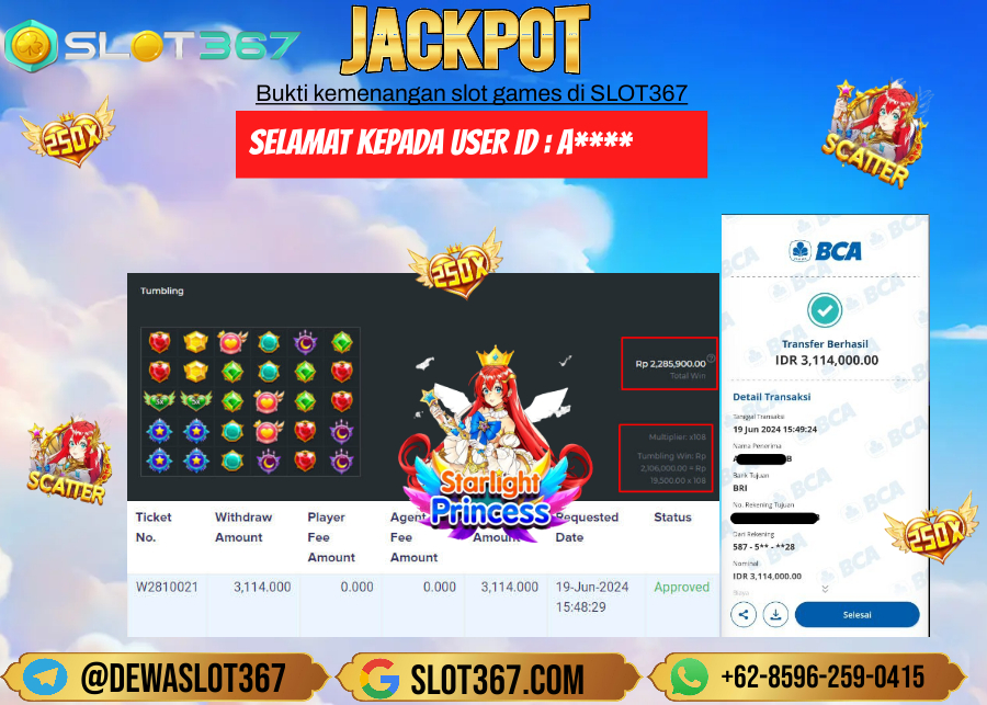 SLOT367 JACKPOT SLOT STARLIGHT PRINCES Rp.3.114.000.,- LUNAS