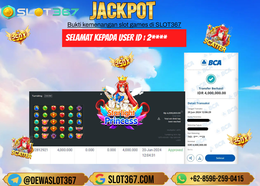 SLOT367 JACKPOT SLOT STARLIGHT PRINCES Rp.4.000.000.,- LUNAS