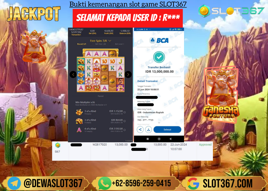 SLOT367 JACKPOT SLOT GANESHA FORTUNE Rp.13.000.000.,- LUNAS