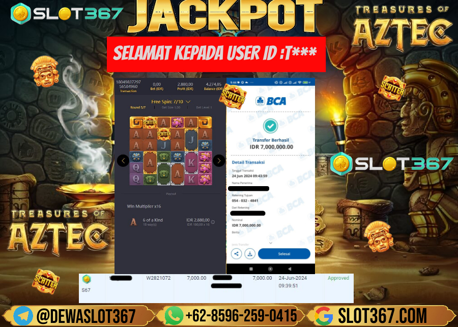 SLOT367 JACKPOT SLOT TREASURES OF AZTEC Rp.7.000.000.,- LUNAS