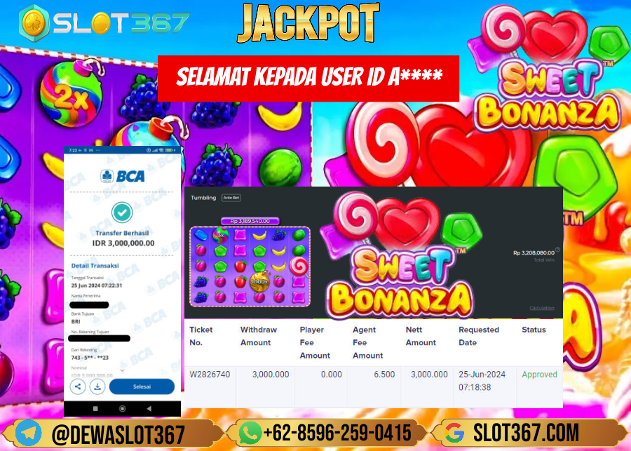 SLOT367 JACKPOT SLOT SWEET BONANZA Rp.3.000.000.,- LUNAS