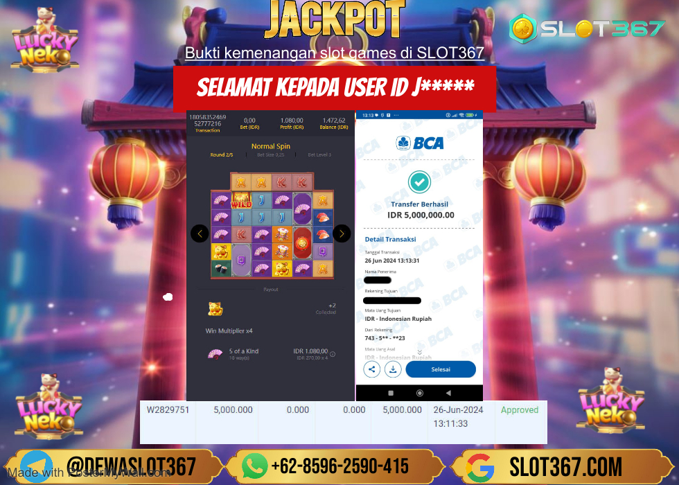 SLOT367 JACKPOT SLOT LUCKY NEKO Rp.5.000.000.,- LUNAS