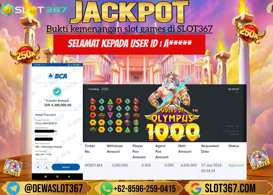 SLOT367 JACKPOT SLOT GATES OF OLYMPUS Rp.4.300.000.,- LUNAS