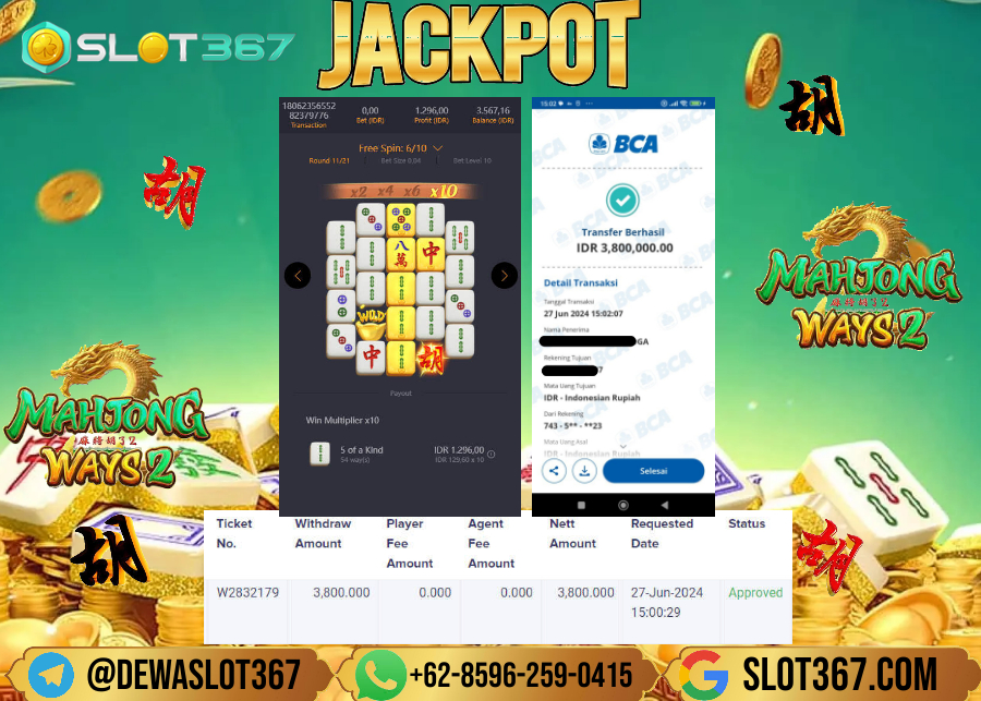 SLOT367 JACKPOT SLOT MAHJONG WAYS 2 Rp.3.800.000.,- LUNAS