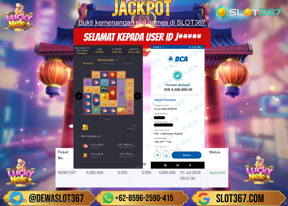 SLOT367 JACKPOT SLOT LUCKY NEKO Rp.4.500.000.,- LUNAS