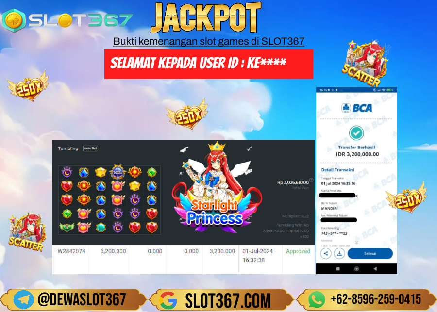 SLOT367 JACKPOT SLOT STARLIGHT PRINCESS Rp.3.200.000.,- LUNAS