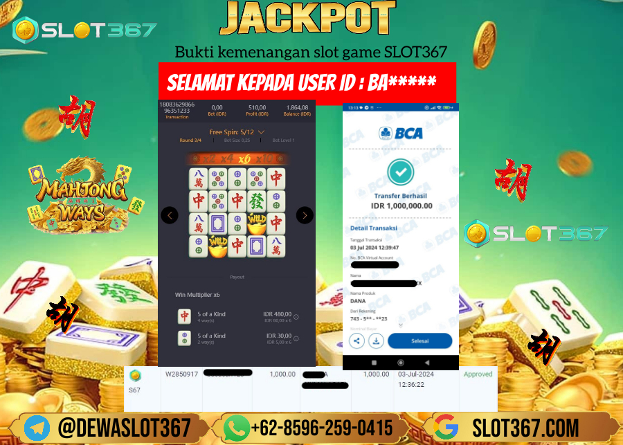 SLOT367 JACKPOT SLOT MAHJONG WAYS  Rp.1.000.000.,- LUNAS