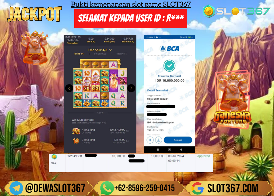 SLOT367 JACKPOT SLOT GANESHA FORTUNE  Rp.10.000.000.,- LUNAS