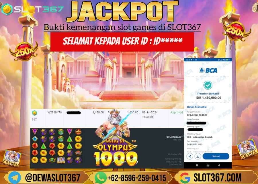 SLOT367 JACKPOT SLOT GATES OF OLYMPUS Rp.1,450,000.,- LUNAS