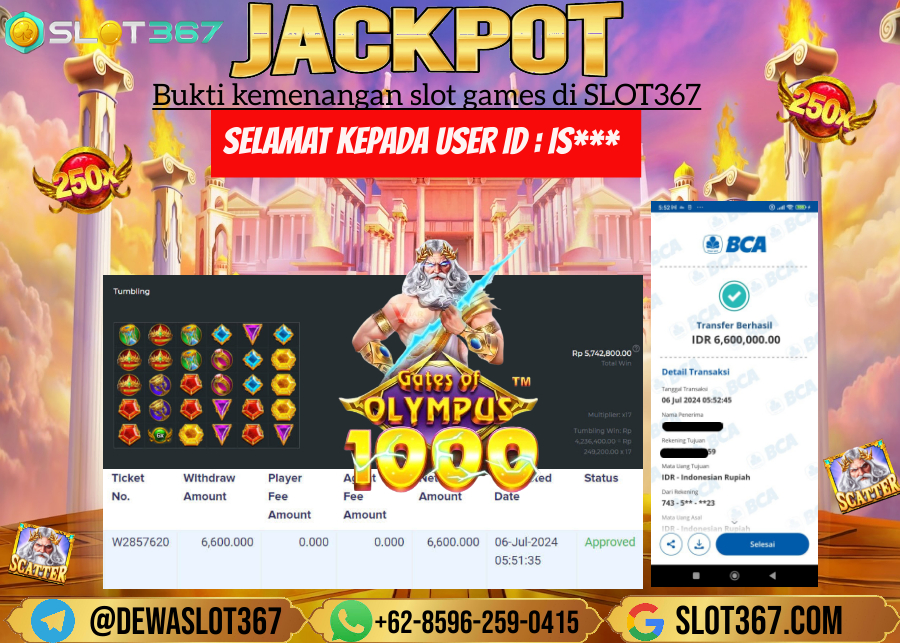 SLOT367 JACKPOT SLOT GATES OF OLYMPUS Rp.6.600.000.,- LUNAS