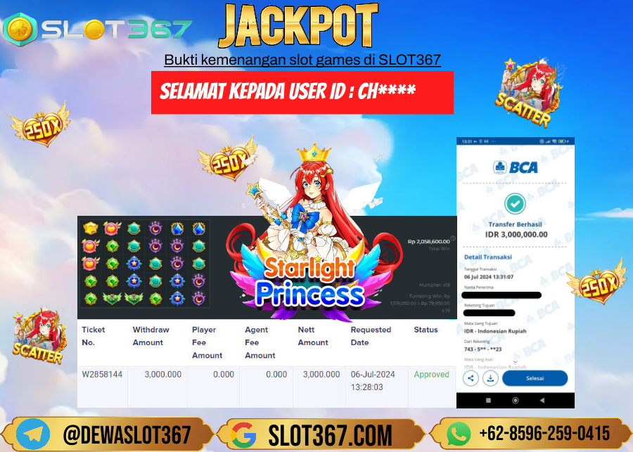 SLOT367 JACKPOT SLOT STARLIGHT PRINCESS Rp.3.000.000.,- LUNAS