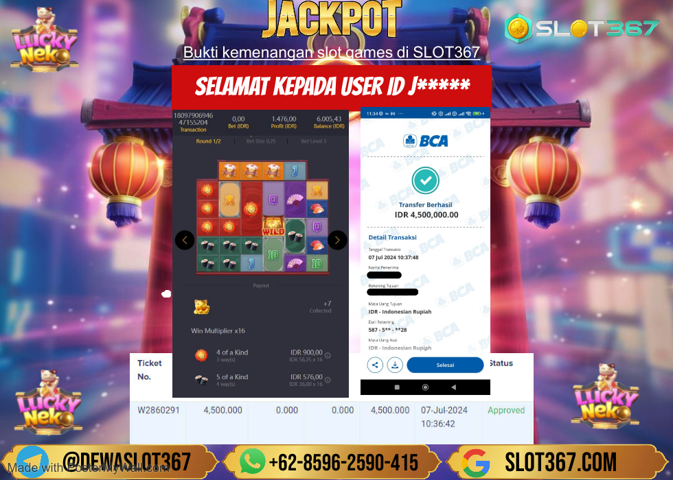 SLOT367 JACKPOT SLOT LUCKY NEKO Rp.4.500.000.,- LUNNAS