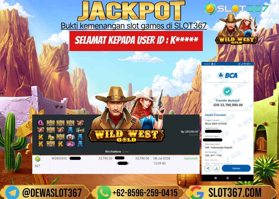 SLOT367 JACKPOT SLOT WILD WEST GOLD Rp.23.790.000.,- LUNAS