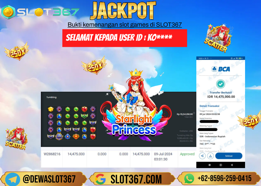 SLOT367 JACKPOT SLOT STARLIGHT PRINCESS Rp.14.475.000.,- LUNAS