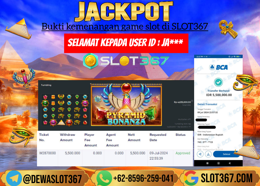 SLOT367 JACKPOT SLOT BONANZA PYRAMID Rp.5.500.000.,- LUNAS