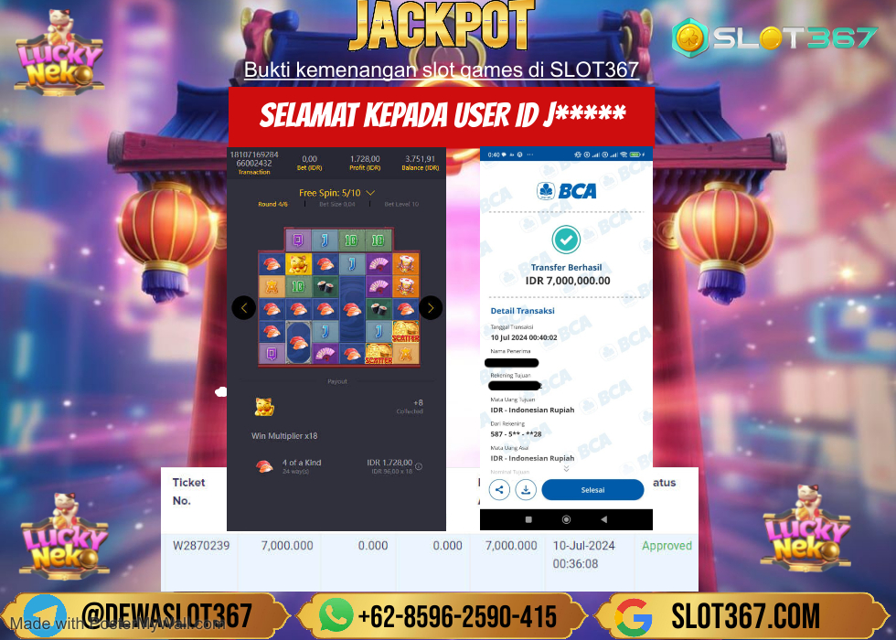 SLOT367 JACKPOT SLOT LUCKY NEKO Rp.7.000.000.,- LUNASS