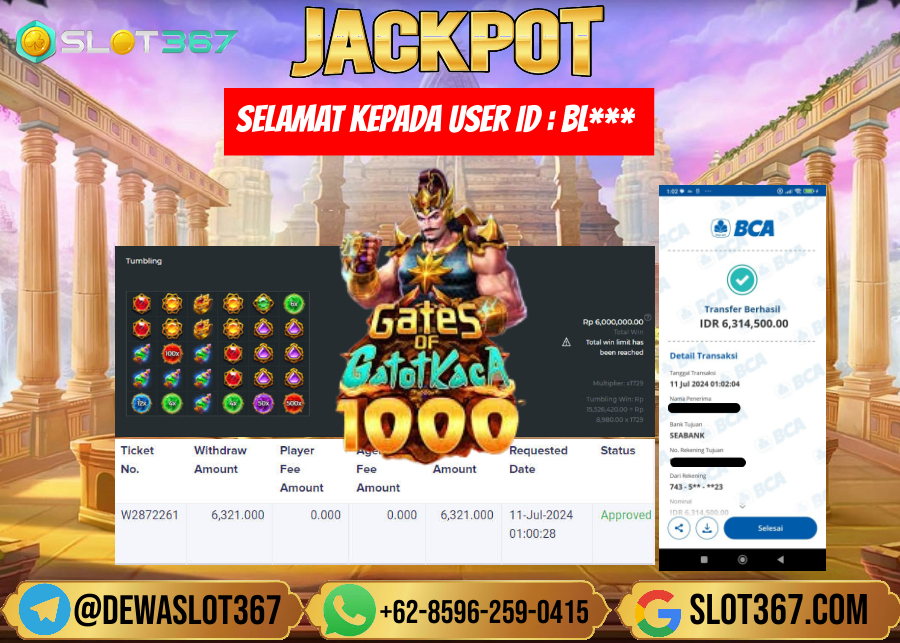 SLOT367 JACKPOT SLOT GATES OF GATOT KACA Rp.6.321.000.,- LUNAS