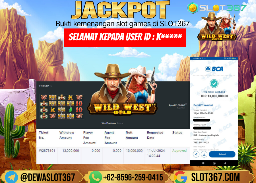 SLOT367 JACKPOT SLOT WILD WEST GOLD Rp.13.000.000.,- LUNAS