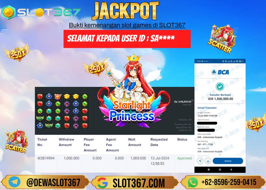 SLOT367 JACKPOT SLOT STARLIGHT PRINCES Rp.1.000.000.,- LUNAS