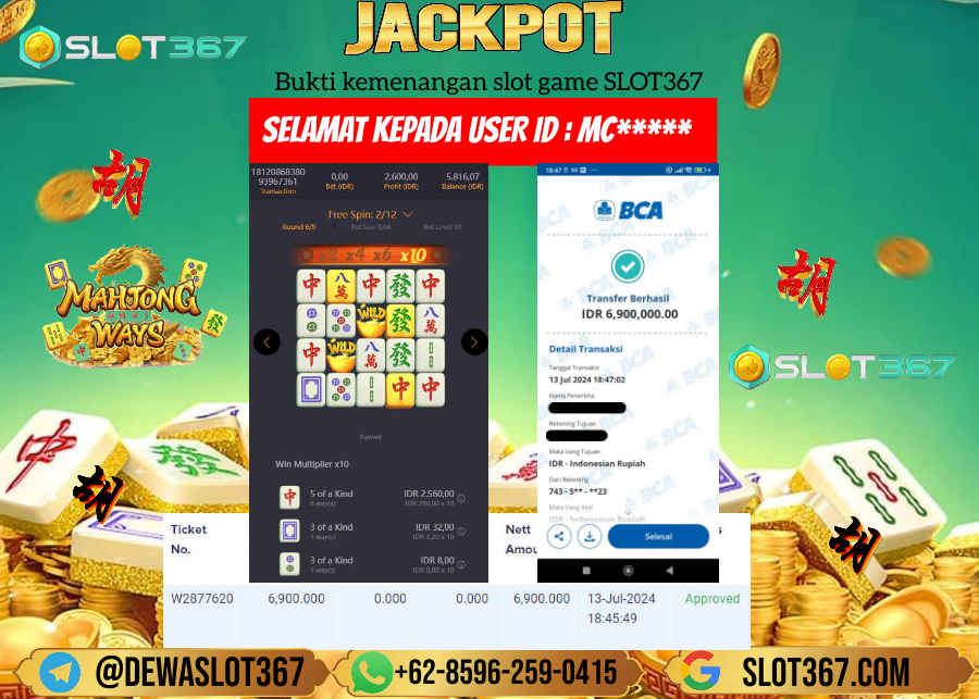 SLOT367 JACKPOT SLOT MAHYONG WAYS Rp.6.900.00.,- LUNAS