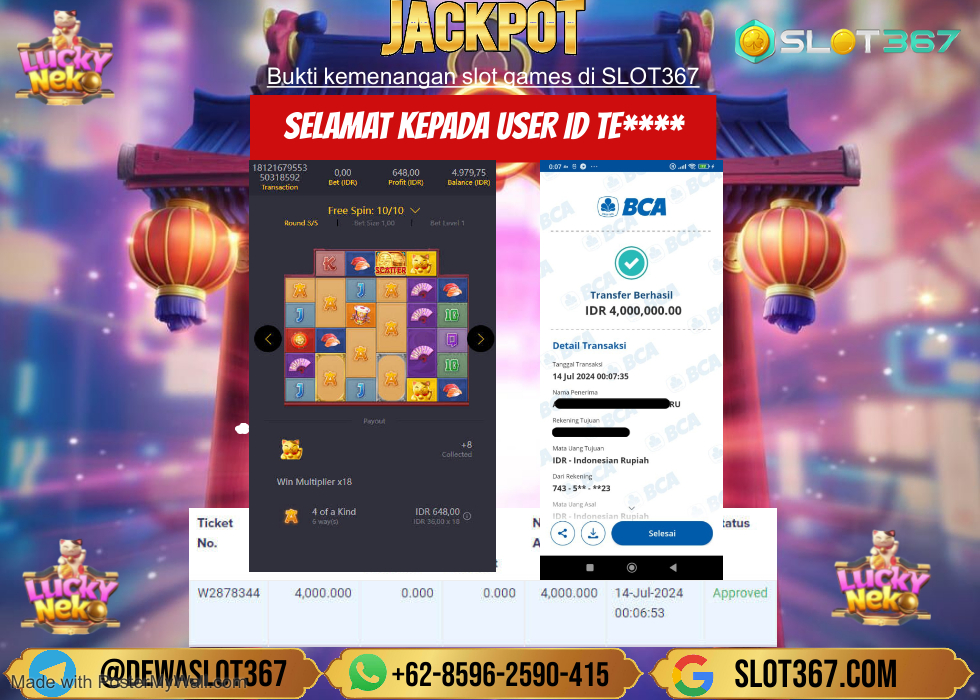 SLOT367 JACKPOT SLOT LUCKY NEKO Rp.4.000.000.,- LUNAS