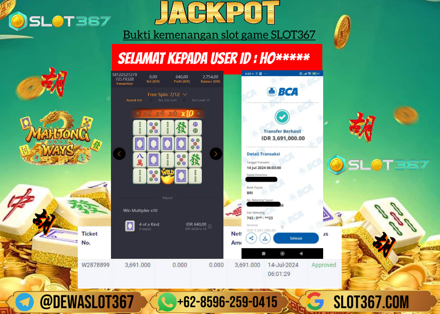 SLOT367 JACKPOT SLOT MAHYONG WAYS Rp.3.691.000.,- LUNAS