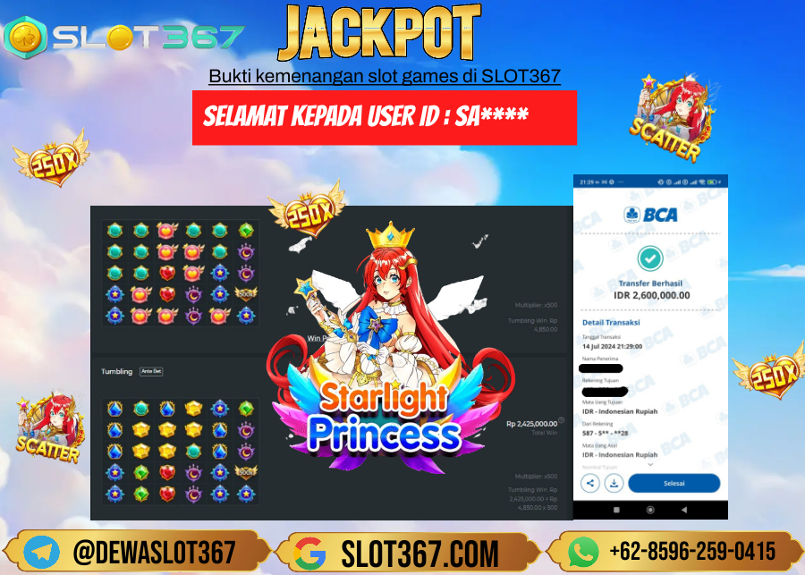 SLOT367 JACKPOT SLOT STARLIGHT PRINCESS Rp.2.600.000.,- LUNAS