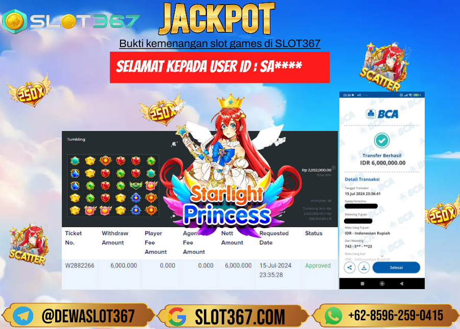 SLOT367 JACKPOT SLOT STARLIGHT PRINCESS Rp.6.000.000.,- LUNAS