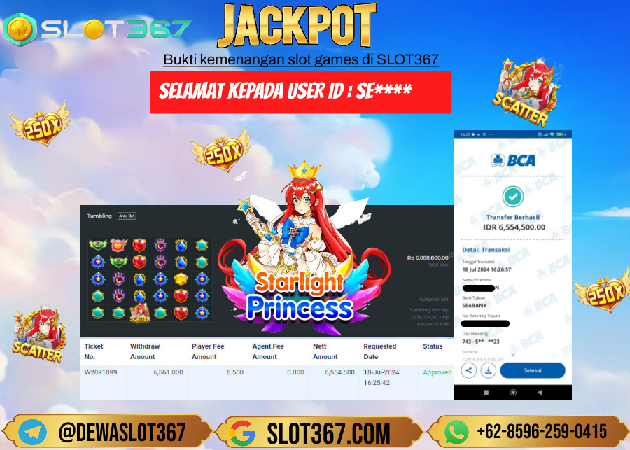 SLOT367 JACKPOT SLOT STARLIGHT PRINCESS Rp.6.561.000.,- LUNAS