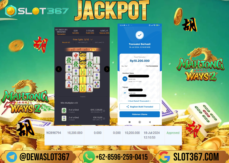 SLOT367 JACKPOT SLOT MAHYONG WAYS 2 Rp.10.200.000.,- LUNAS