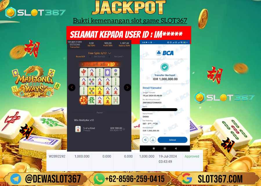 SLOT367 JACKPOT SLOT MAHYONG WAYS Rp.1.000.000.,- LUNAS