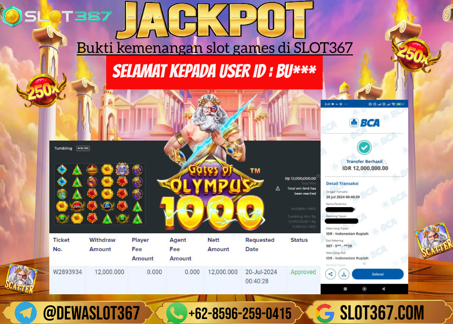 SLOT367 JACKPOT SLOT GATES OF OLYMPUS Rp.12.000.000.,- LUNASS