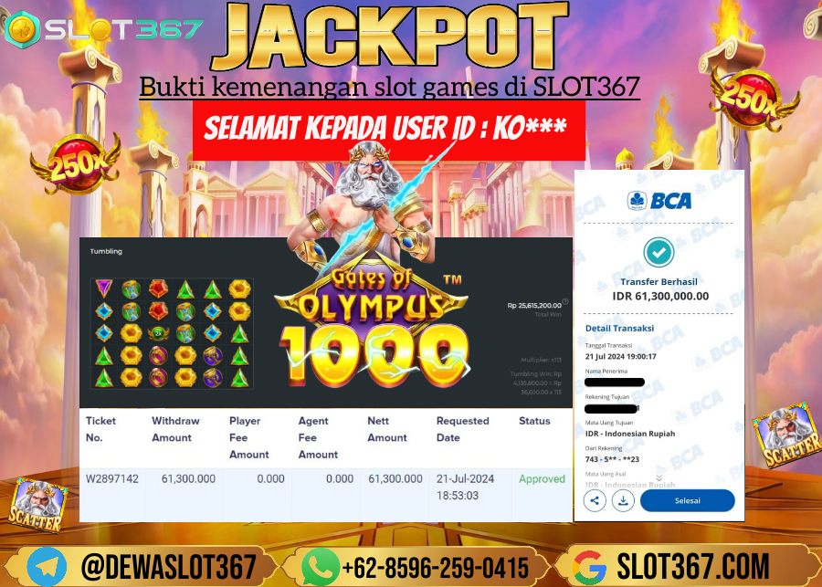 SLOT367 JACKPOT SLOT GATES OF OLYMPUS Rp.61.300.000.,- LUNAS