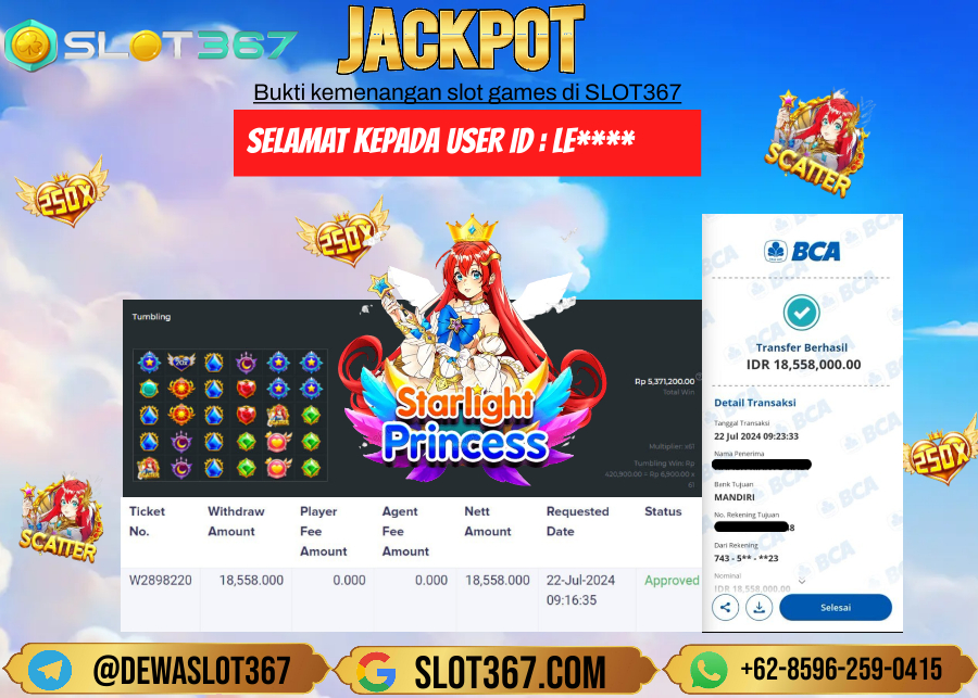 SLOT367 JACKPOT SLOT STARLIGHT PRINCESS Rp.18.558.000.,- LUNAS