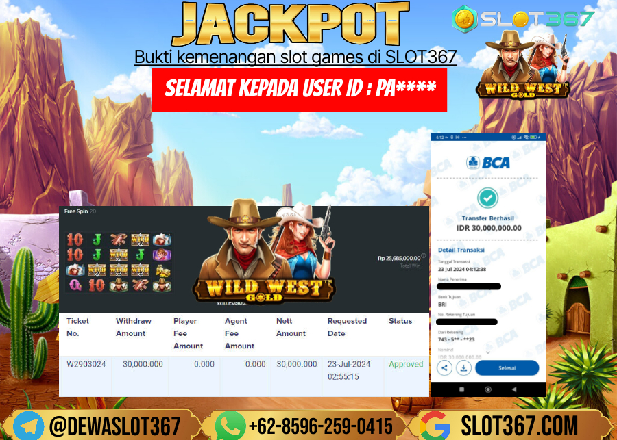 SLOT367 JACKPOT SLOT WILD WEST GOLD Rp.30.000.000.,- LUNAS