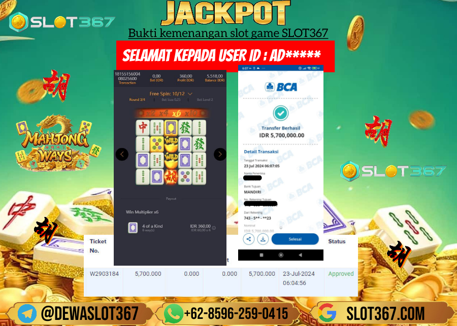 SLOT367 JACKPOT SLOT MAHYONG WAYS Rp.5.700.000.,- LUNAS