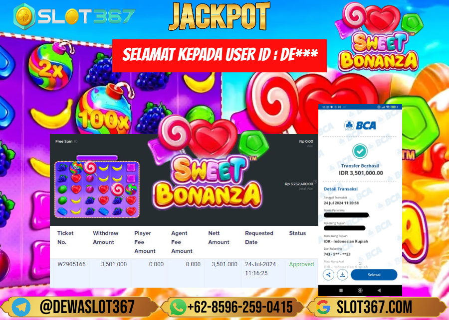 SLOT367 JACKPOT SLOT SWEET BONANZA Rp.3.501.000.,- LUNAS