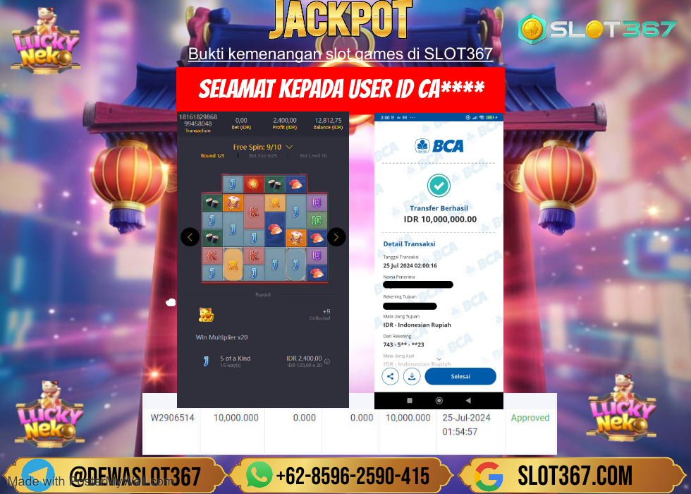 SLOT367 JACKPOT SLOT LUCKY NEKO Rp.10.000.000.,- LUNAS