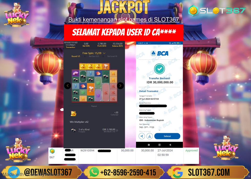 SLOT367 JACKPOT SLOT LUCKY NEKO Rp.30.000.000.,- LUNAS