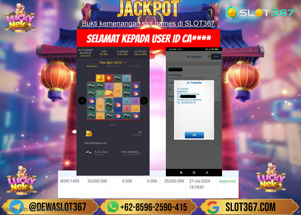 SLOT367 JACKPOT SLOT LUCKY NEKO Rp.35.000.000.,- LUNAS