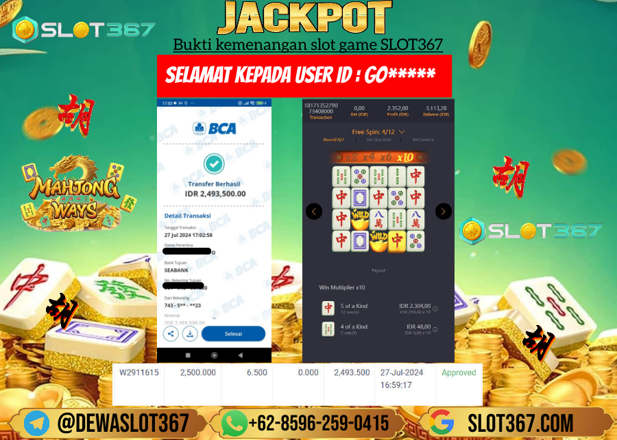 SLOT367 JACKPOT SLOT MAHYONG WAYS Rp.2.500.000.,- LUNAS