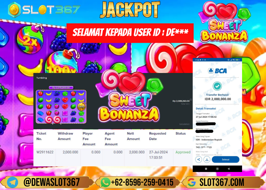 SLOT367 JACKPOT SLOT SWEET BONANZA Rp.2.000.000.,- LUNAS