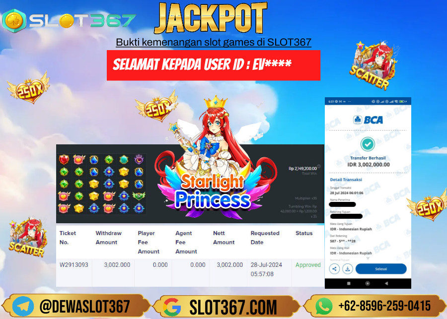 SLOT367 JACKPOT SLOT STARLIGHT PRINCESS Rp.3.002.000.,- LUNAS