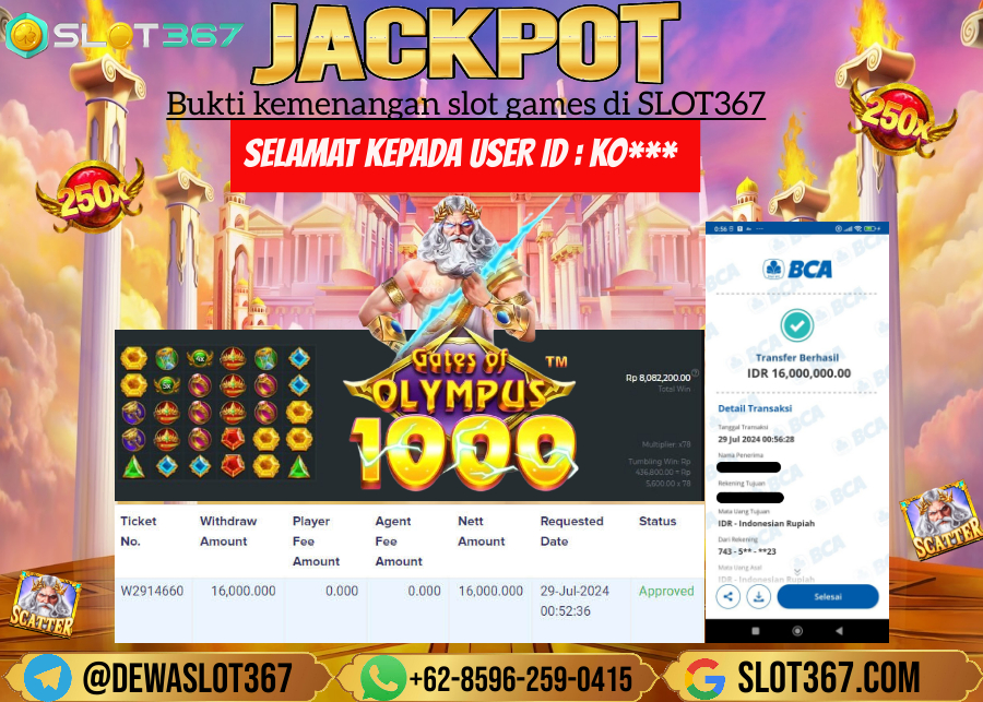 SLOT367 JACKPOT SLOT GATES OF OLYMPUS Rp.16.000.000.,- LUNAS